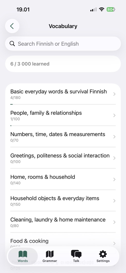 Vocabulary list grouped by topic with progress