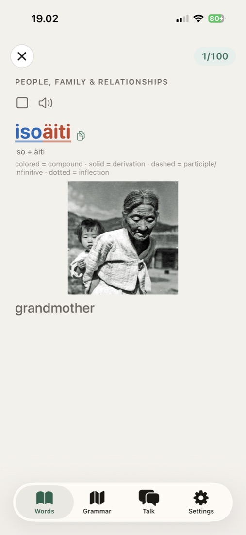 Word card for isoäiti (grandmother), showing the compound iso + äiti with a photo