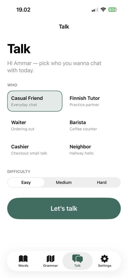 Talk screen to pick a conversation partner and difficulty