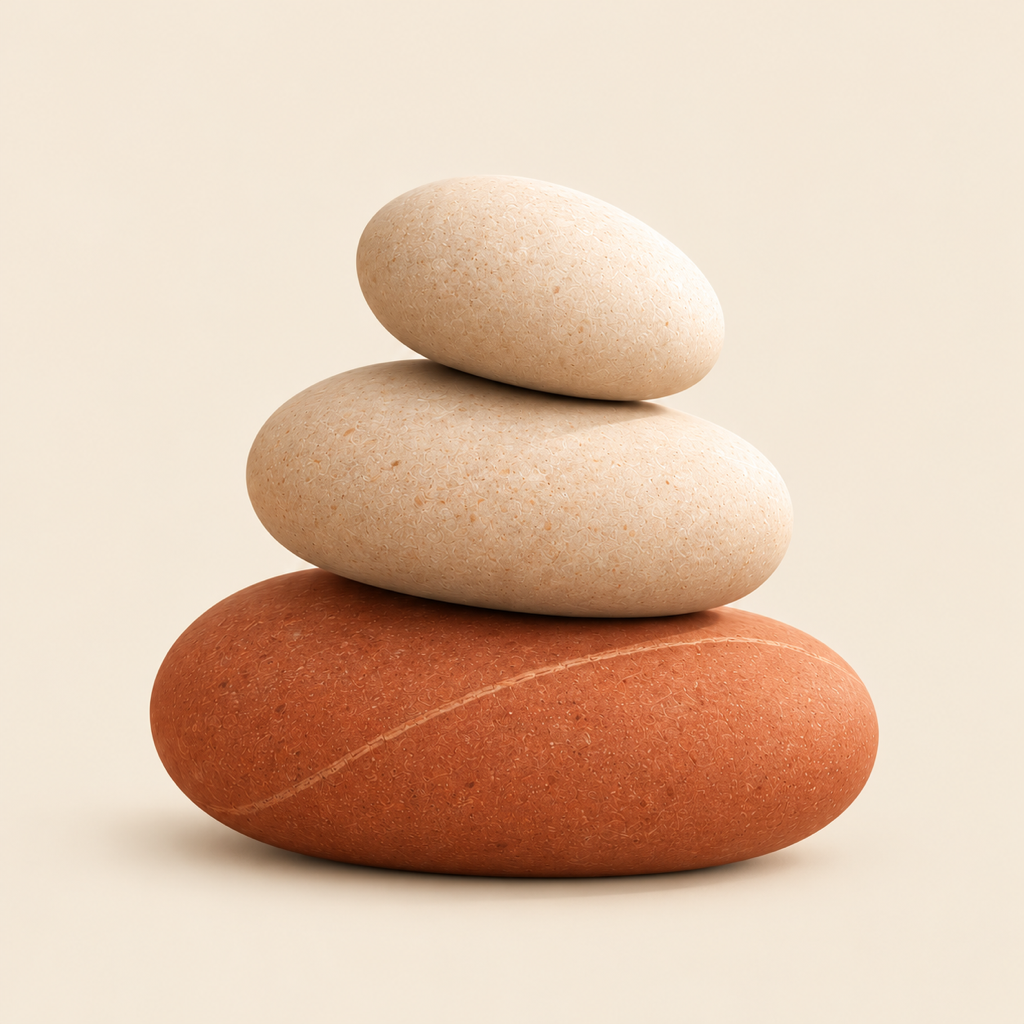 Three warm, textured stones resting in a balanced stack
