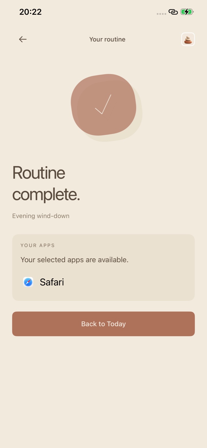 HabitFlip Routine complete screen saying your selected apps are available again
