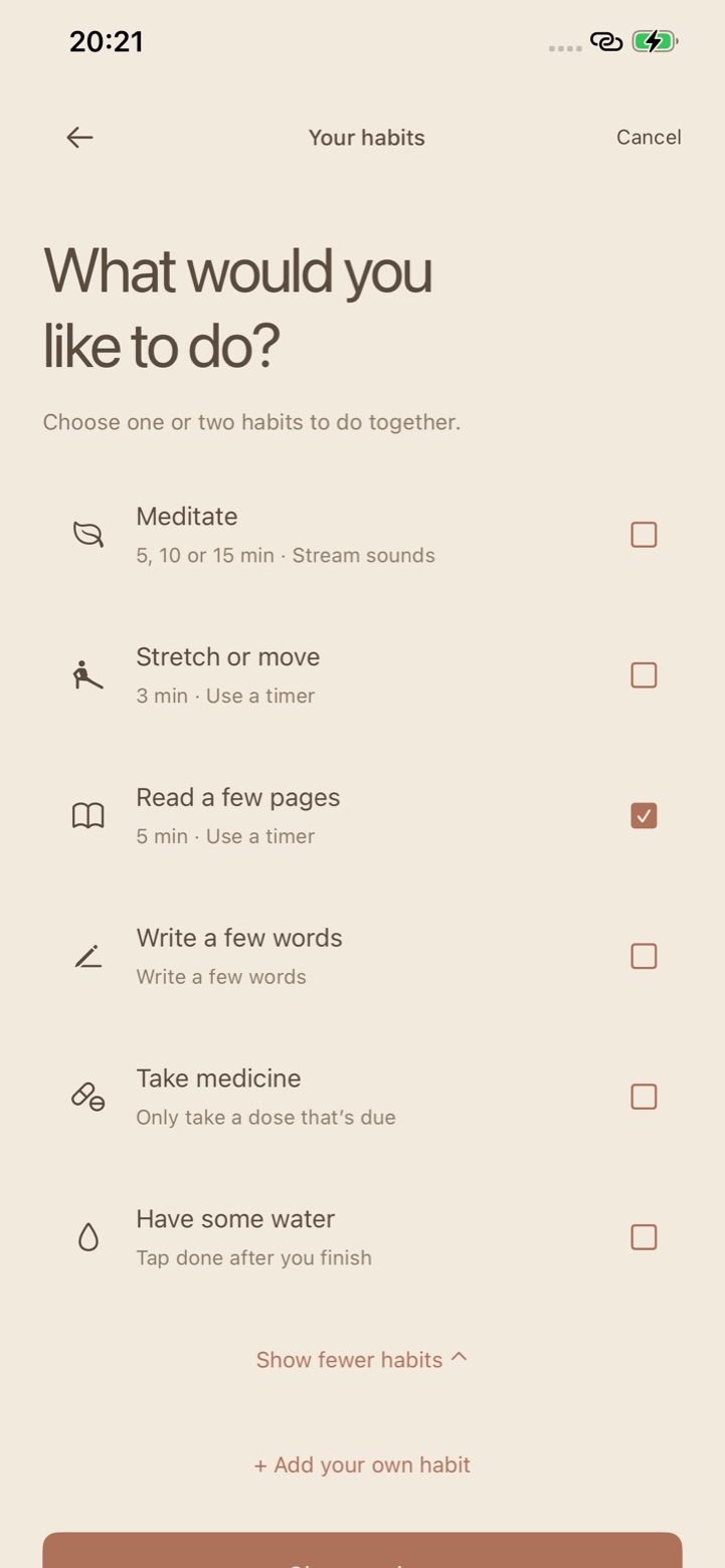 HabitFlip habit chooser listing Meditate, Stretch or move, Read a few pages, Write a few words, Take medicine and Have some water
