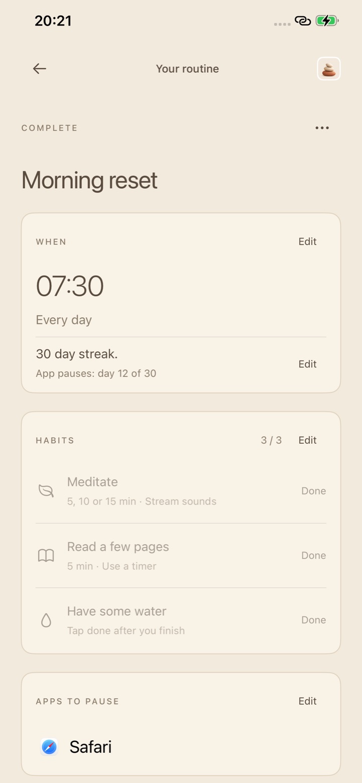 HabitFlip Morning reset routine screen showing 07:30 every day, a 30 day streak, three completed habits and Safari as the app to pause