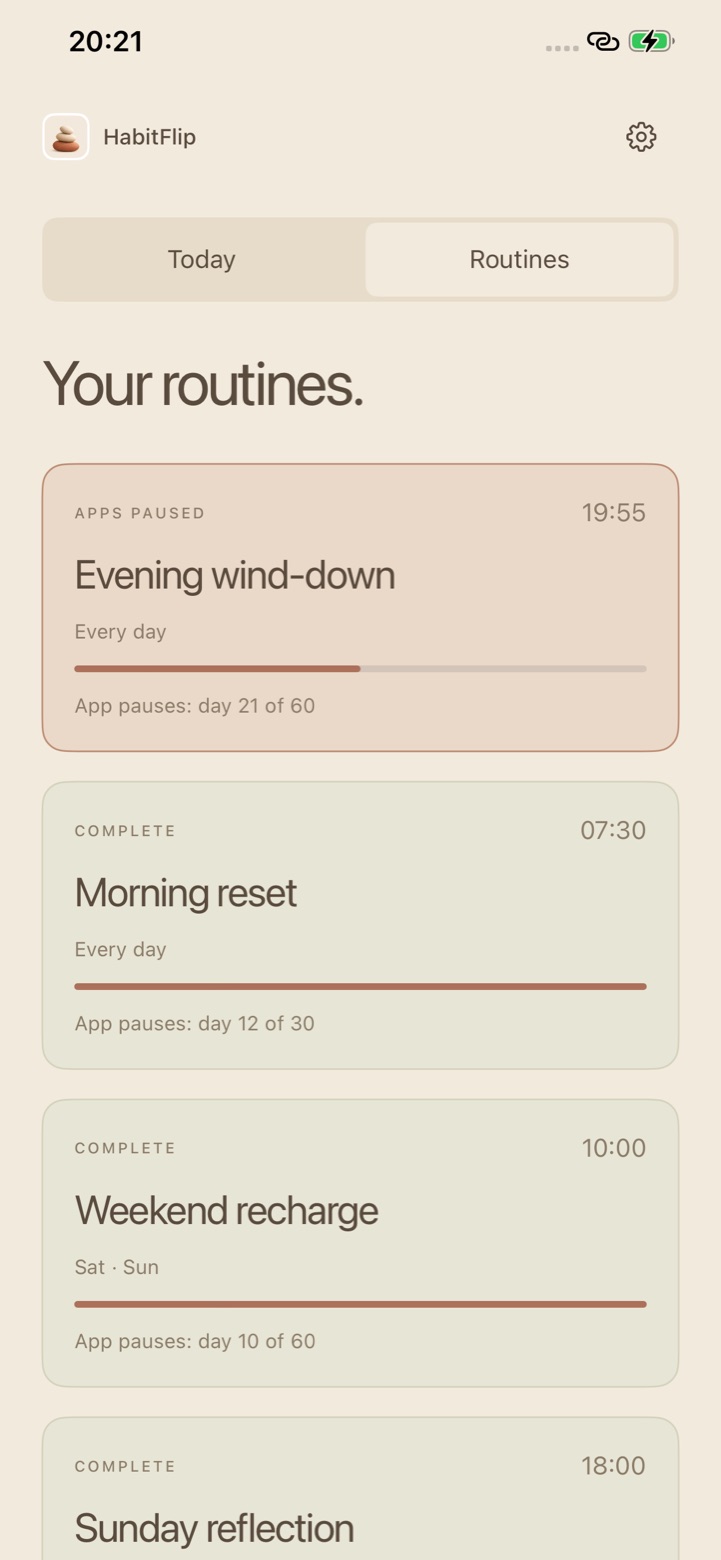 HabitFlip Routines screen listing Evening wind-down, Morning reset, Weekend recharge and Sunday reflection with their schedules and progress