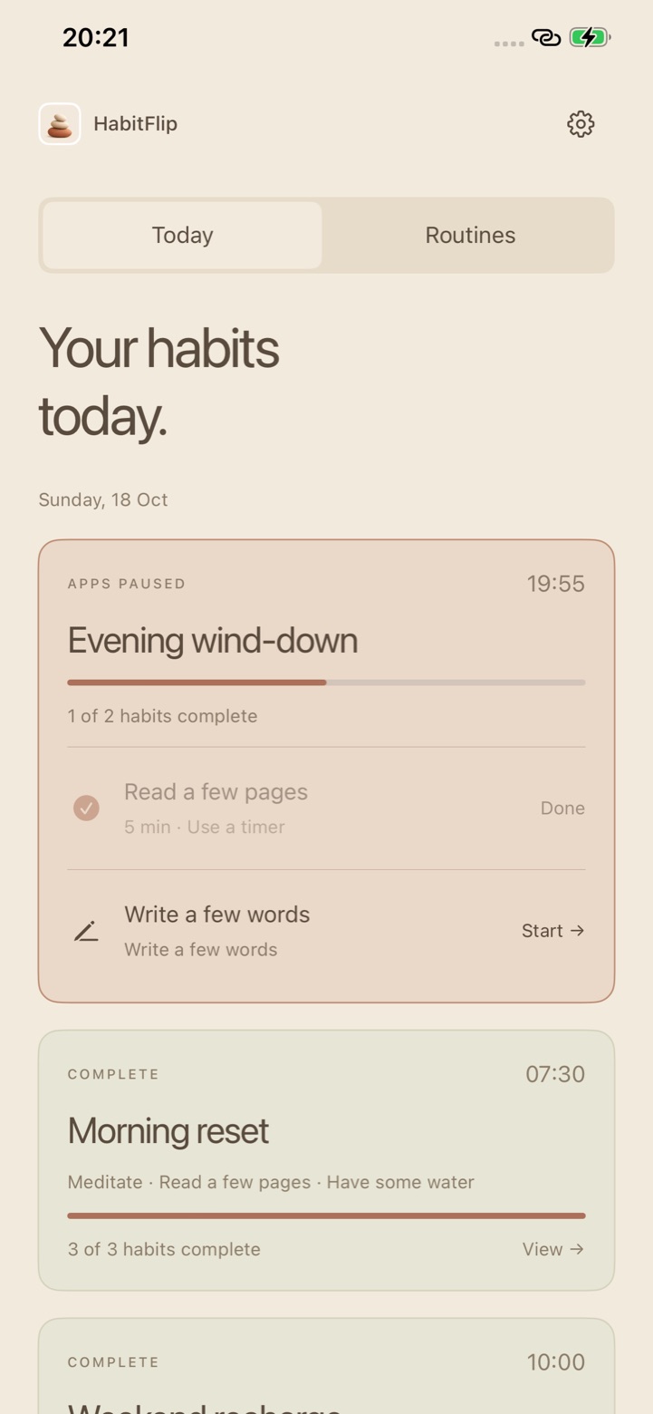 HabitFlip Today screen showing an Evening wind-down routine with its apps paused and one of two habits done, and a completed Morning reset routine