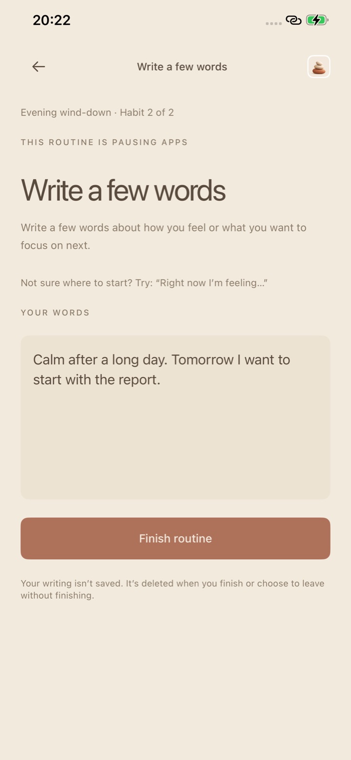 HabitFlip Write a few words screen with a short reflection typed in and a Finish routine button